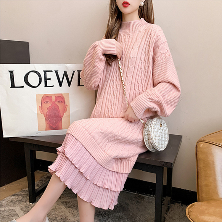 Knee-length woolen dress for women, with a loose and laid-back style of patchwork and twisted patterns, is a new thick knitted dress for autumn and winter 2020