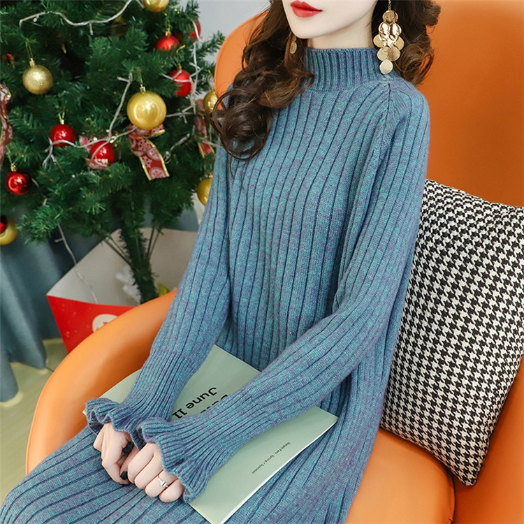 Long knee-length sweater dress for women, Korean style loose semi-high collar autumn/Winter 2020 new style black ear-trimmed knitted one-piece women's dress