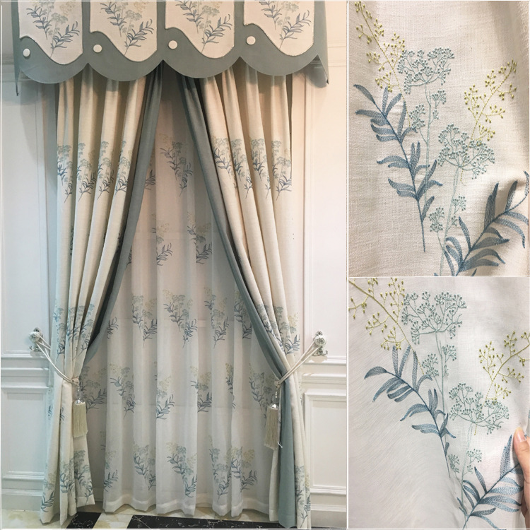 Cotton and linen embroidered curtains, embroidered window screens, Nordic style, modern and simple, light-blocking ink-wash bay Windows