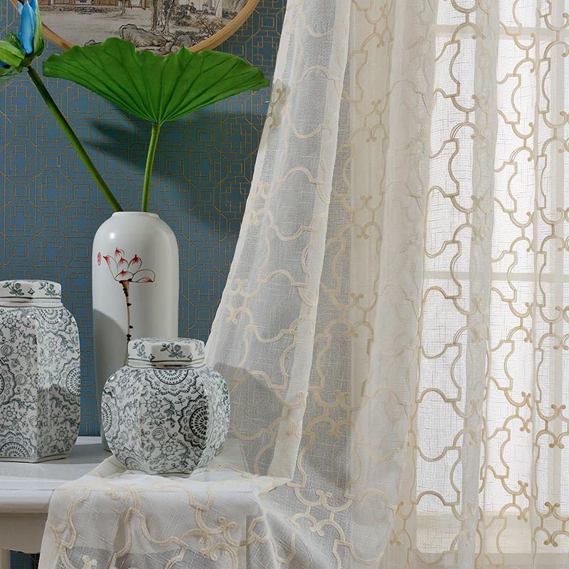 Custom-made cotton and linen eco-friendly embroidered gauze curtains and window screens, modern and simple linen embroidered window screens with heat insulation details Picture