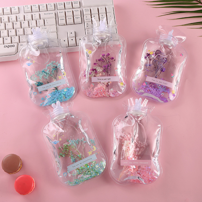 创意干花亮片大热水袋 三层PVC精品暖水袋 学生青少年灌水袋批发