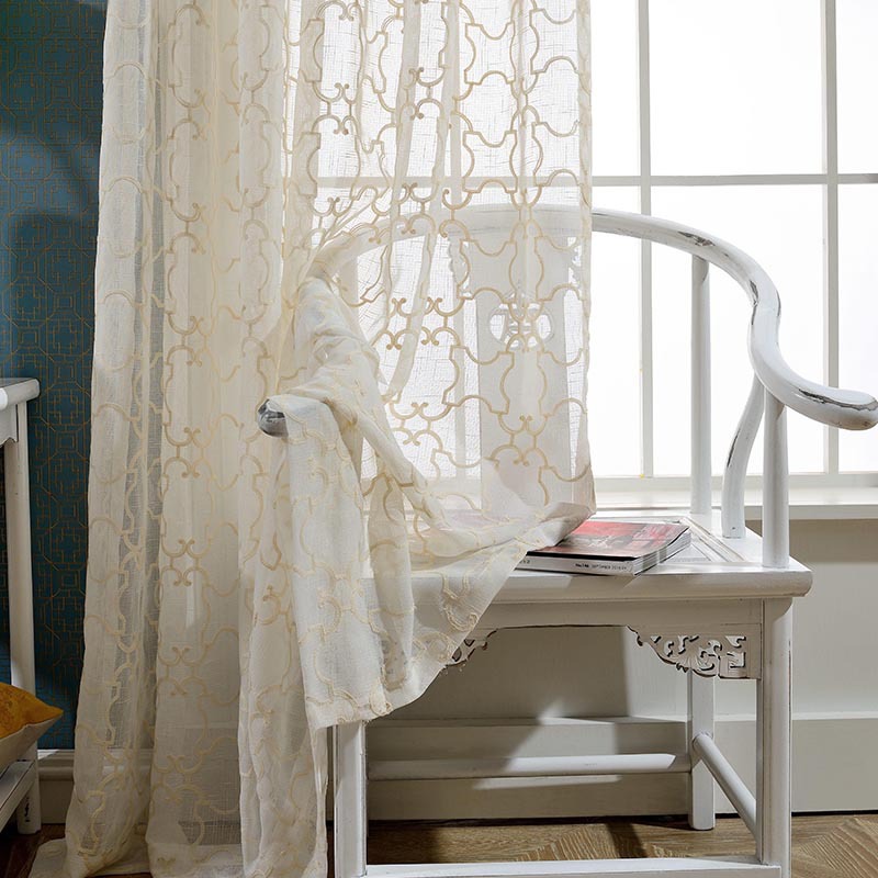 Custom-made cotton and linen eco-friendly embroidered gauze curtains and window screens, modern and simple linen embroidered window screens with heat insulation
