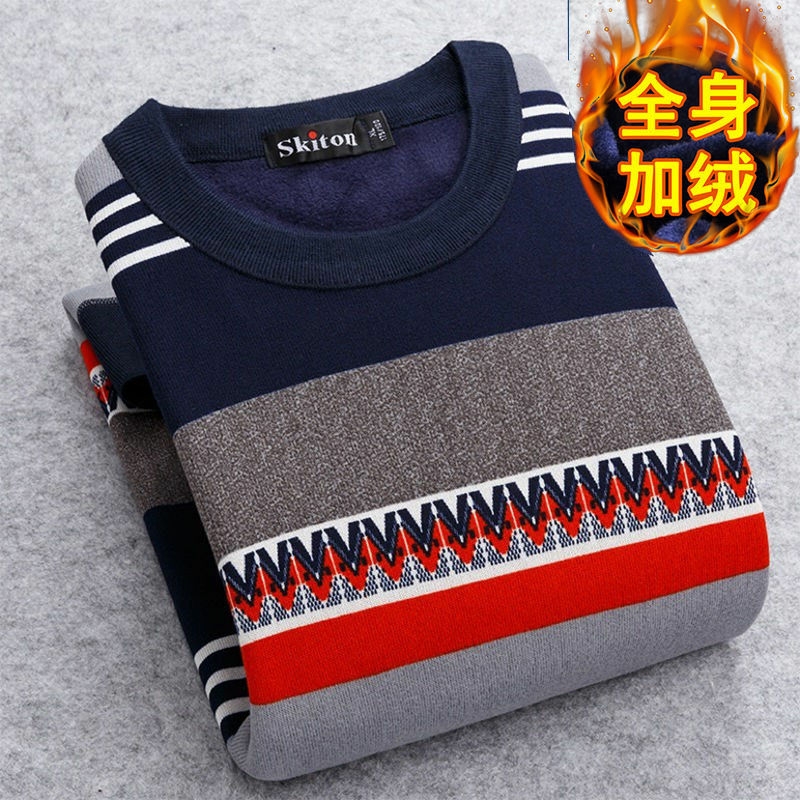 Autumn and winter men's fleece and thick warm sweater round neck bottom sweater Young and middle-aged hoodie long sleeve T-shirt sweater for men