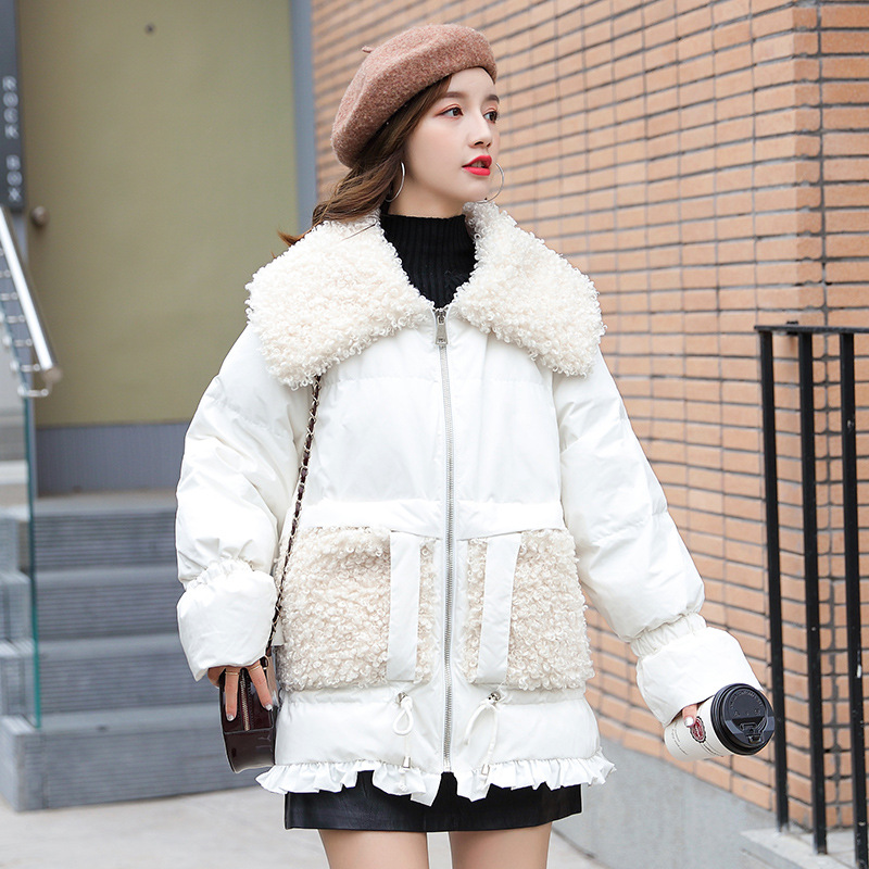 The 2020 new mid-length women's bestseller, large-sized loose, trendy lambskin patchwork fishtail coat from White Duck Down details Picture
