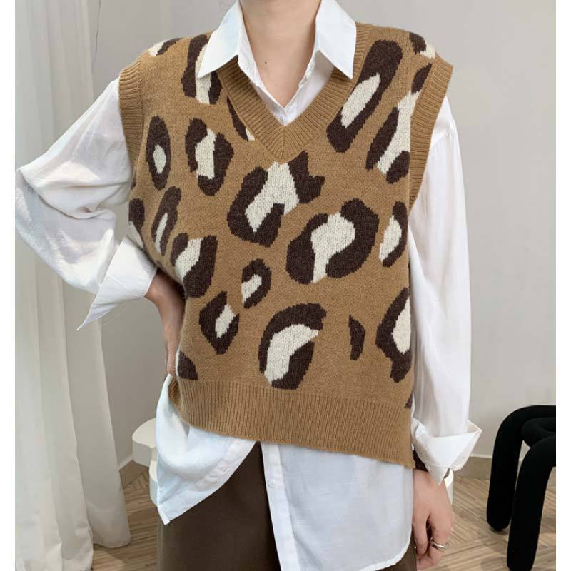 V-neck leopard print knitted sweater, a new popular vest for women, 2020 spring and winter loose short Korean-style sweater for women Specification image