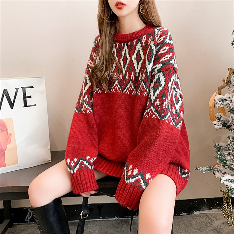 复古慵懒风几何提花毛衣女圆领圣诞秋冬2020新款宽松外穿针织上衣