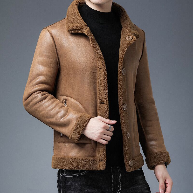 Men's leather jacket winter new style with fleece, live-streaming sales, slim short two-wear leather winter coat with thickened thickness