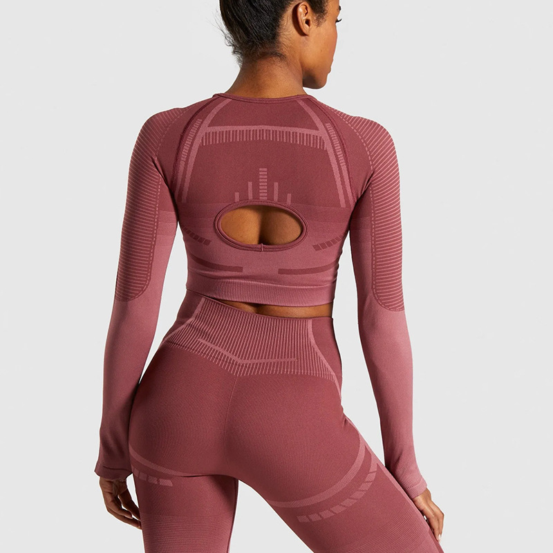 Thickened yoga wear, women's fitness wear, long-sleeved top with exposed belly, seamless tight pants, women's cross-border Amazon, Europe and America