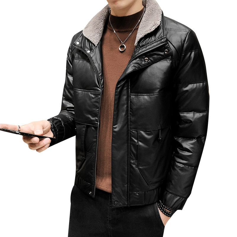 72%PU 19% adhesive 9% Other down cotton-padded jacket Men's short trendy cotton-padded jacket with fur collar leather S051-P130 Item Picture