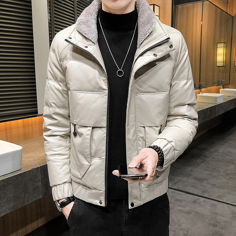 72%PU 19% adhesive 9% Other down cotton-padded jacket Men's short trendy cotton-padded jacket with fur collar leather S051-P130 details Picture