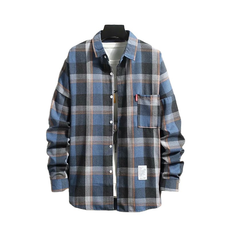 New spring and autumn Japanese-style casual checked long-sleeved shirt for foreign trade, Korean-style trendy loose casual men's shirt jacket Item Picture