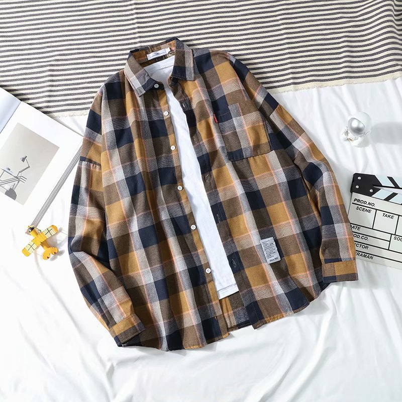 New spring and autumn Japanese-style casual checked long-sleeved shirt for foreign trade, Korean-style trendy loose casual men's shirt jacket details Picture