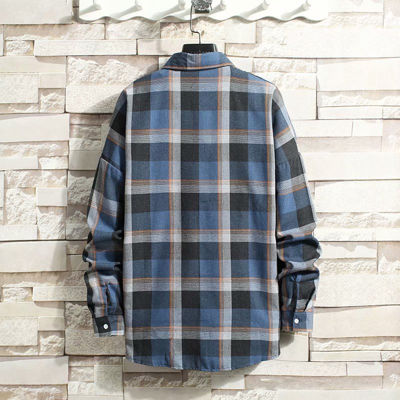 New spring and autumn Japanese-style casual checked long-sleeved shirt for foreign trade, Korean-style trendy loose casual men's shirt jacket Specification image