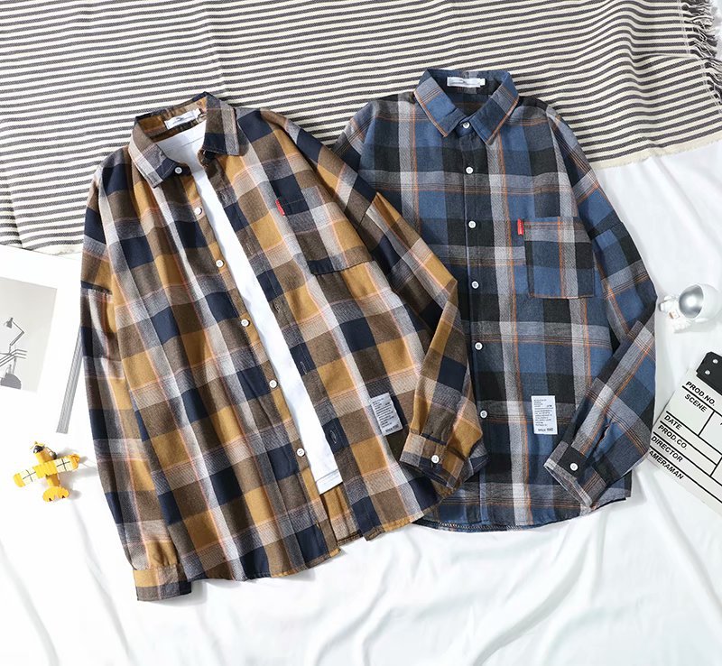 New spring and autumn Japanese-style casual checked long-sleeved shirt for foreign trade, Korean-style trendy loose casual men's shirt jacket