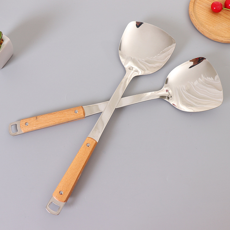 Non-magnetic stainless steel 3mm thick wooden-handled spatula, high-quality household stainless steel cooking spoon and spatula details Picture