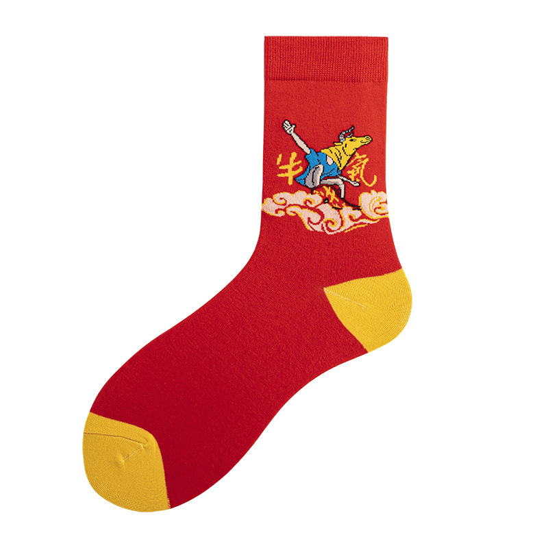Red socks, New Year's socks for the Year of the Ox, combed cotton mid-calf trendy socks. Wear them during the Spring Festival. The Chinese trend socks for your zodiac year are full of vigor and vitality Item Picture