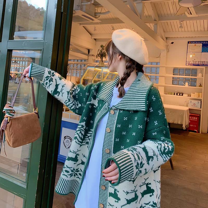 设计感毛衣外穿圣诞女士宽松秋冬新款外穿针织外套开衫慵懒风