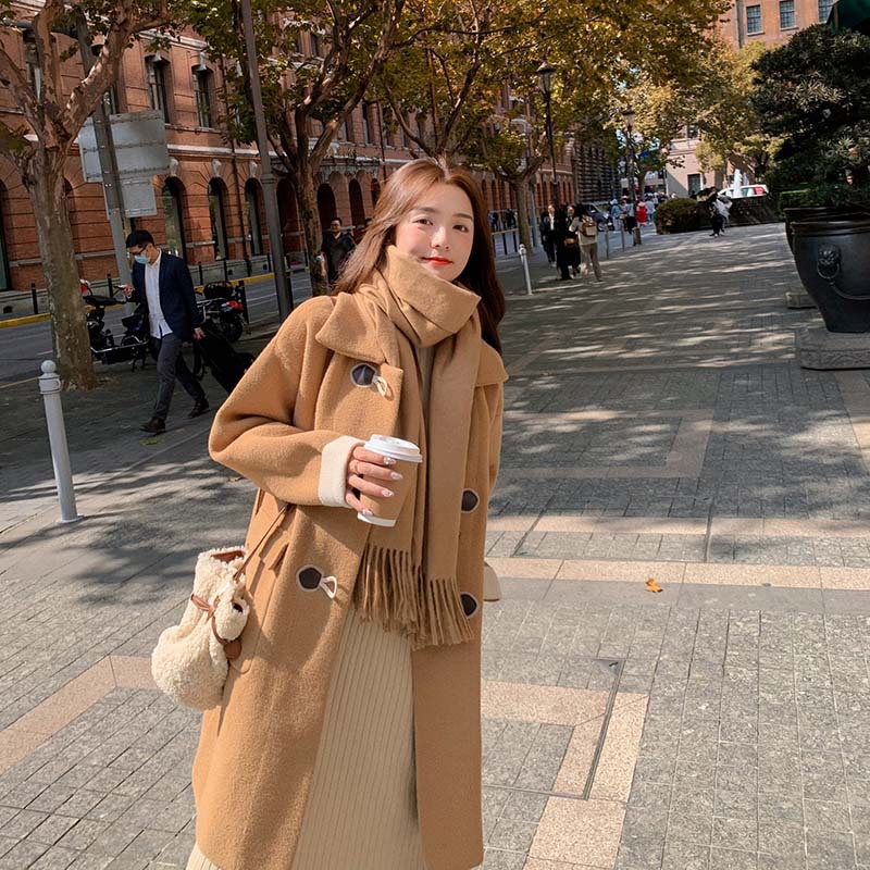 New mid-length woolen coat with horn buttons for women in autumn and winter, thickened knitted woolen sweater cardigan Specification image