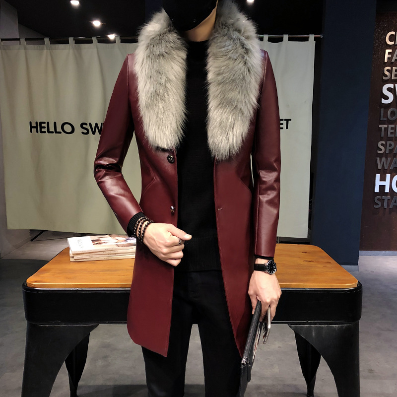 2019秋冬新款男士皮衣帅气修身机车中长款大毛领PU皮风衣外套男