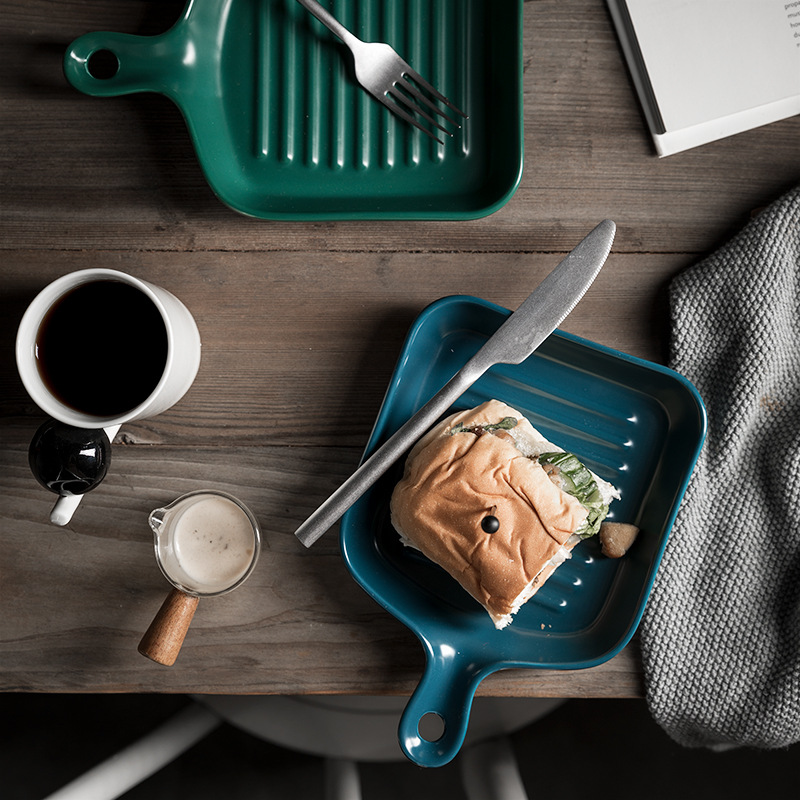 Nordic ceramic plates with handles, fruit breakfast plates, creative baking rice plates, Western household vegetable plates details Picture