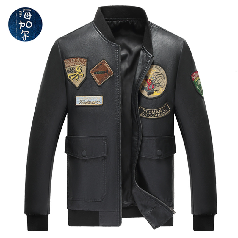 2020 Amazon Cross-border new leather jackets, men's baseball jackets, thin paratrooper embroidered flight suits, PU leather jackets