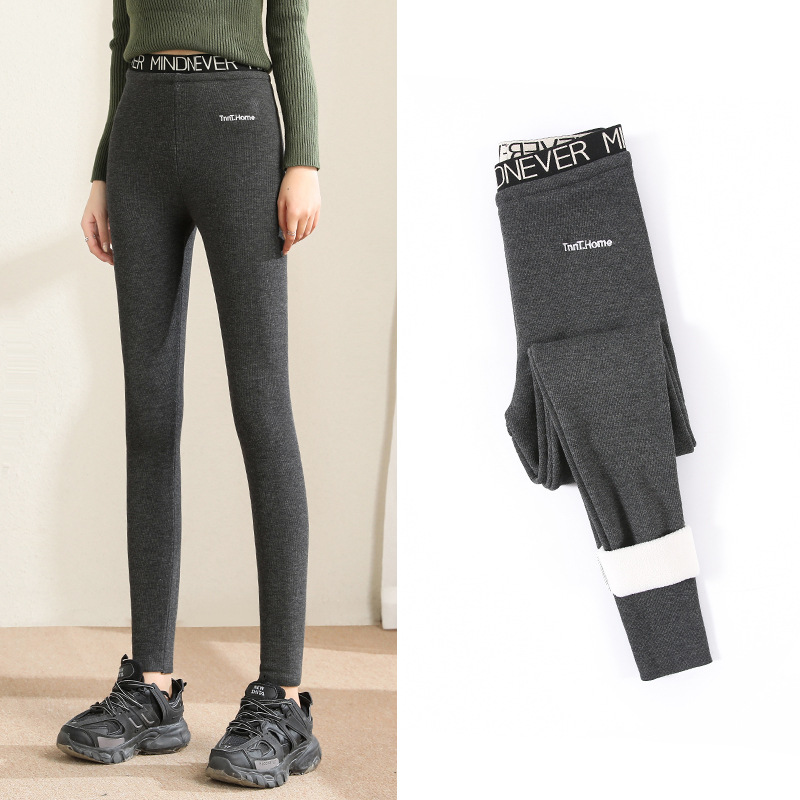 Lettered vertical striped fleece leggings for women, large-sized flight attendant thermal pants for autumn and winter, Yiwu thermal energy one-piece pants details Picture