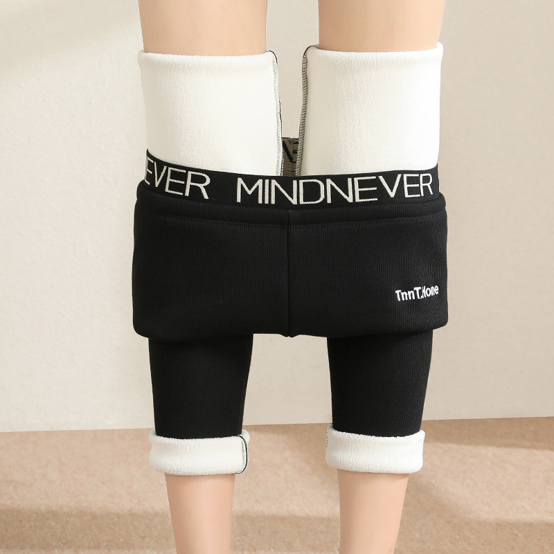 Lettered vertical striped fleece leggings for women, large-sized flight attendant thermal pants for autumn and winter, Yiwu thermal energy one-piece pants