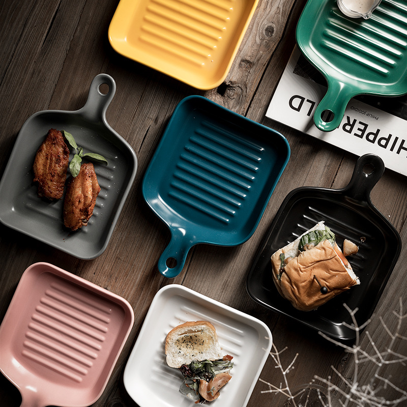 Nordic ceramic plates with handles, fruit breakfast plates, creative baking rice plates, Western household vegetable plates