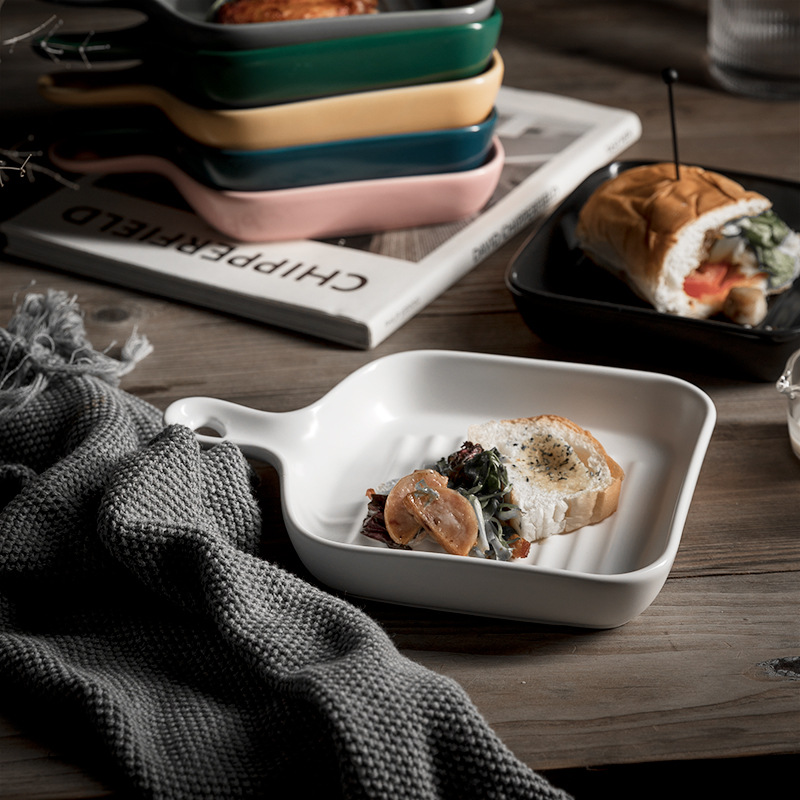 Nordic ceramic plates with handles, fruit breakfast plates, creative baking rice plates, Western household vegetable plates Specification image