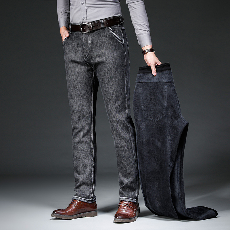 Men's autumn jeans, men's straight-leg loose winter pure black men's pants, casual long pants, autumn and winter style fleece pants for men details Picture