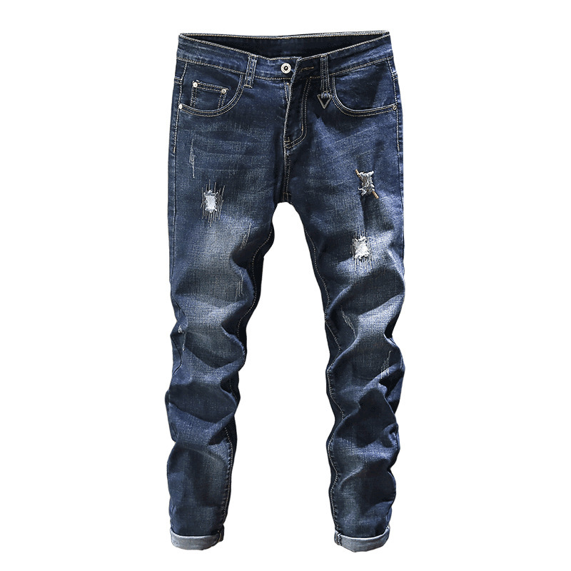 Spring and summer new ripped jeans for men, slimming and petite feet, casual youth pants, small straight leg slimming patch pants for men Item Picture