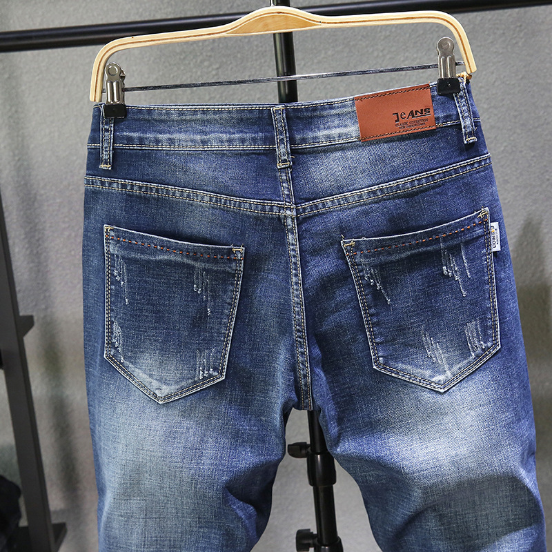 Spring and summer new ripped jeans for men, slimming and petite feet, casual youth pants, small straight leg slimming patch pants for men Specification image