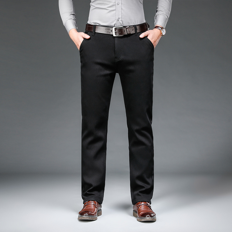 Men's autumn jeans, men's straight-leg loose winter pure black men's pants, casual long pants, autumn and winter style fleece pants for men Specification image