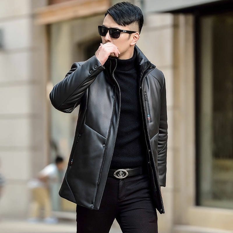 2020 new Haining leather leather coat down jacket men's long stand collar youth slim leather jacket fur coat
