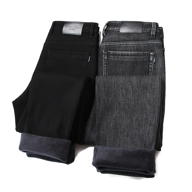 Men's autumn jeans, men's straight-leg loose winter pure black men's pants, casual long pants, autumn and winter style fleece pants for men Item Picture