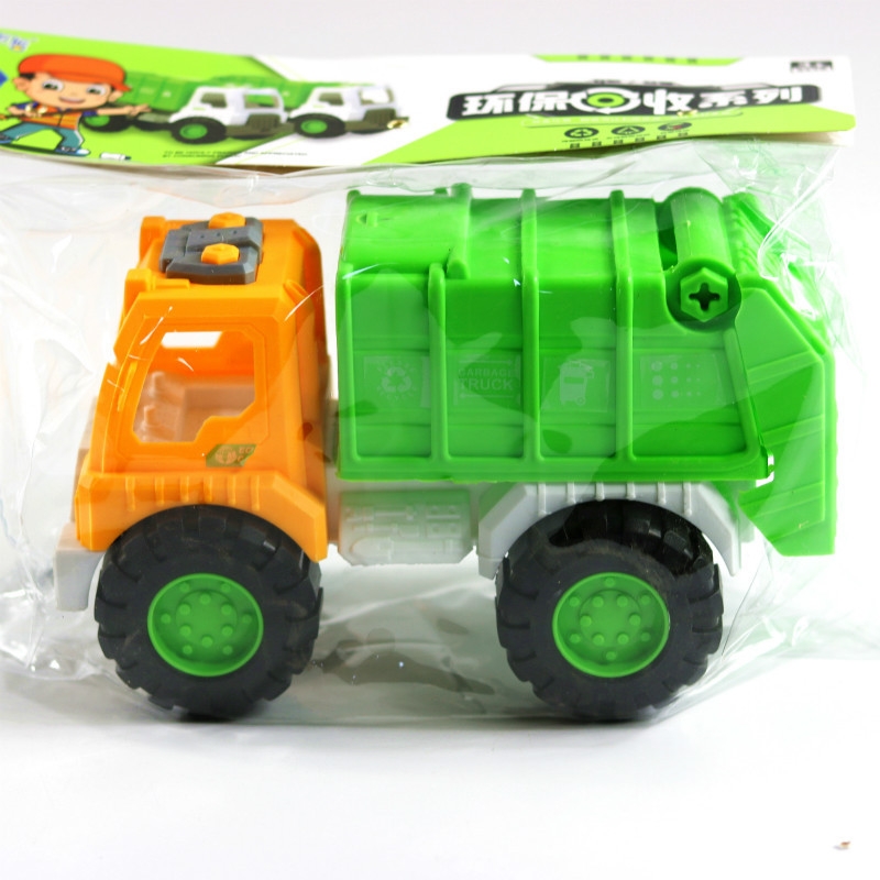 Five types of engineering vehicle model toys, dump trucks, garbage trucks, cranes, excavators and other toys are selling well at the street stall Specification drawing