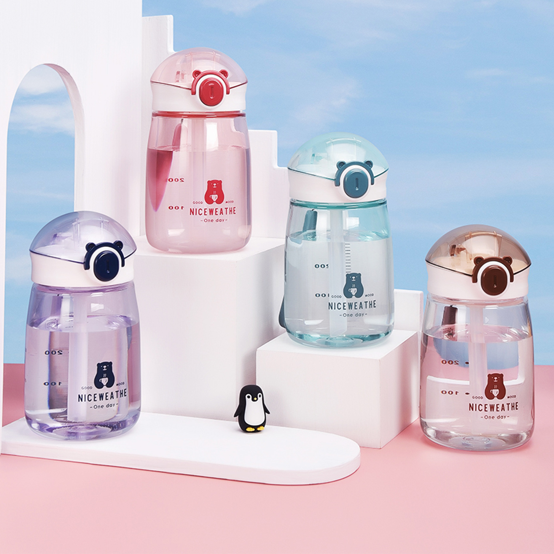 塑料杯可爱弹盖硅胶吸管手提小熊创意便捷户外运动小水杯子