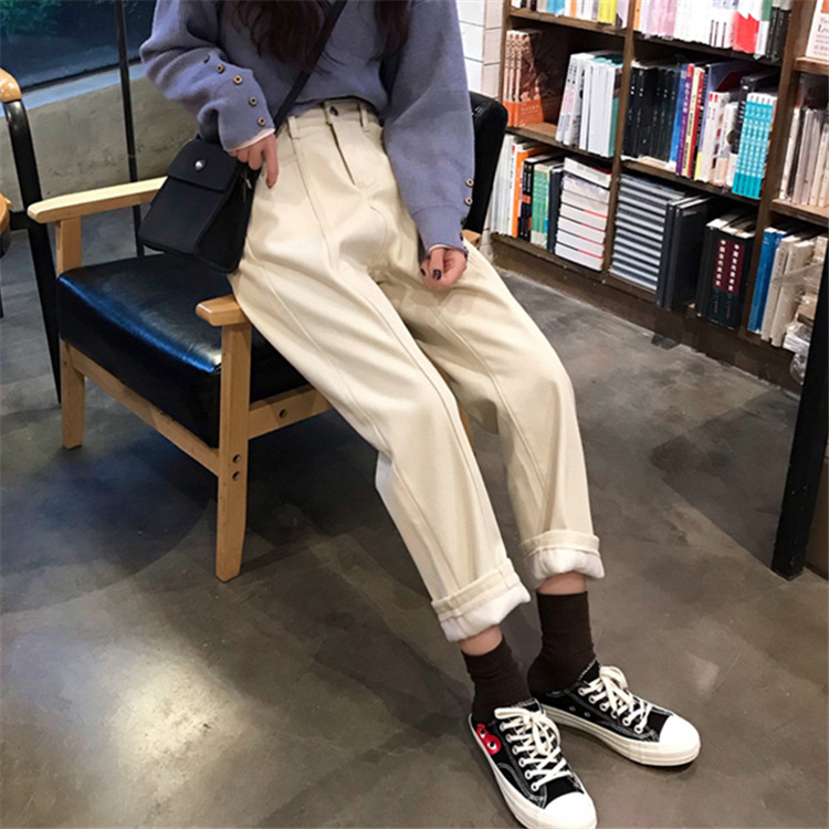 Beige fleece jeans for women in autumn and winter, straight-leg loose high-waisted, slimming, 2020 new wide-leg dad pants details Picture