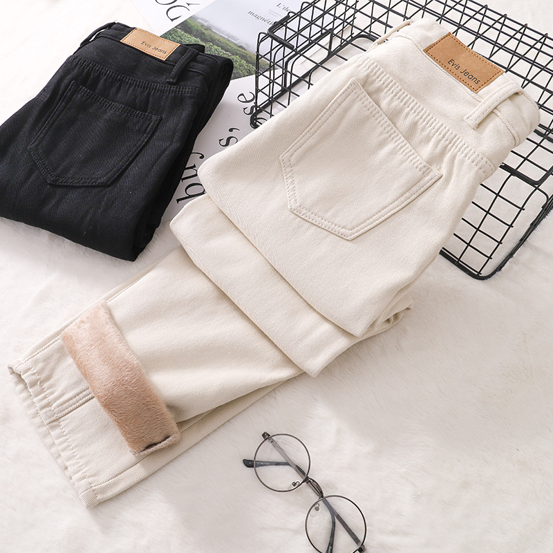 Beige fleece jeans for women in autumn and winter, straight-leg loose high-waisted, slimming, 2020 new wide-leg dad pants
