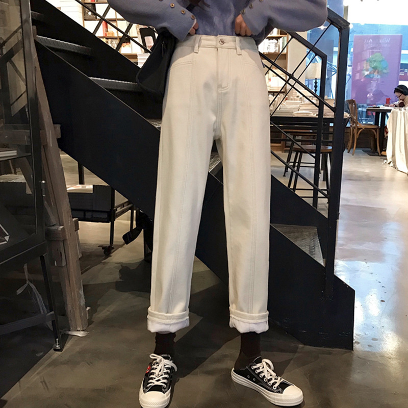 Beige fleece jeans for women in autumn and winter, straight-leg loose high-waisted, slimming, 2020 new wide-leg dad pants Specification image