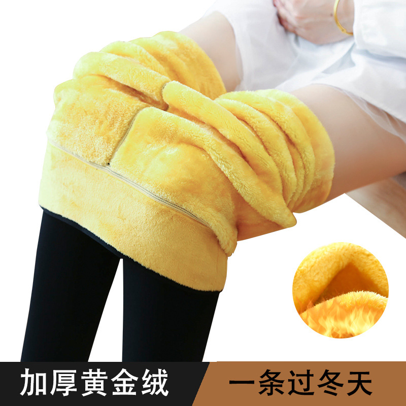 【 1000g 】 Golden fleece leggings for women in winter, thickened with fleece, high-waisted outerwear, warm one-piece cotton pants