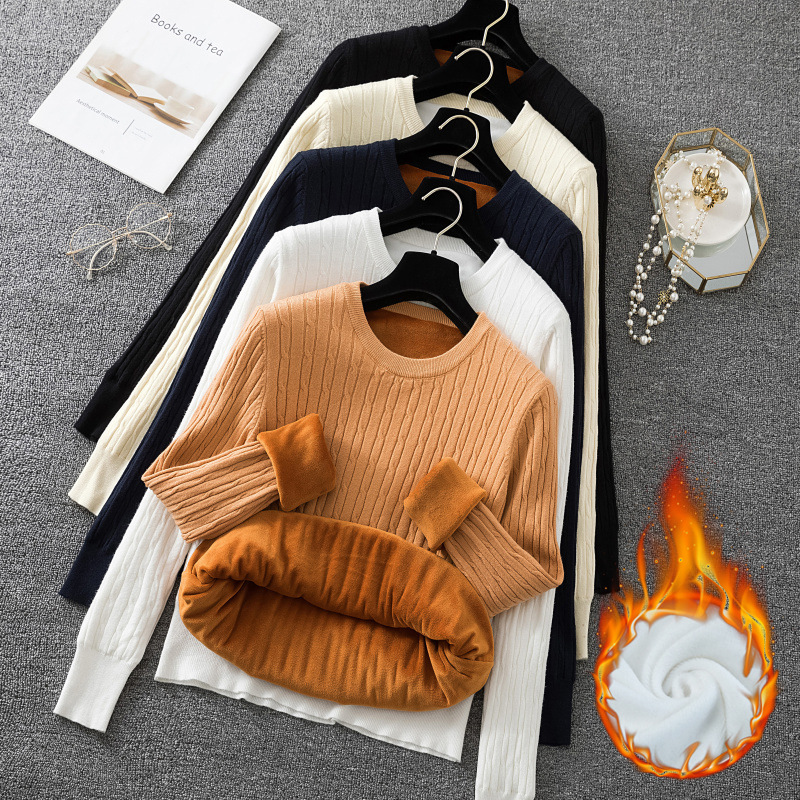 Women's thickened round-neck base layer sweater with fleece, long-sleeved, versatile warm clothes for autumn and winter, pullover, knitted sweater top