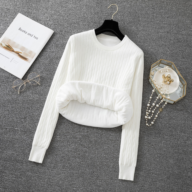 Women's thickened round-neck base layer sweater with fleece, long-sleeved, versatile warm clothes for autumn and winter, pullover, knitted sweater top Application Scenario
