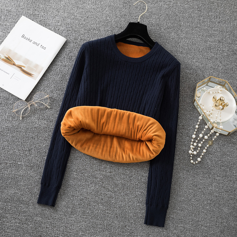 Women's thickened round-neck base layer sweater with fleece, long-sleeved, versatile warm clothes for autumn and winter, pullover, knitted sweater top Specification image