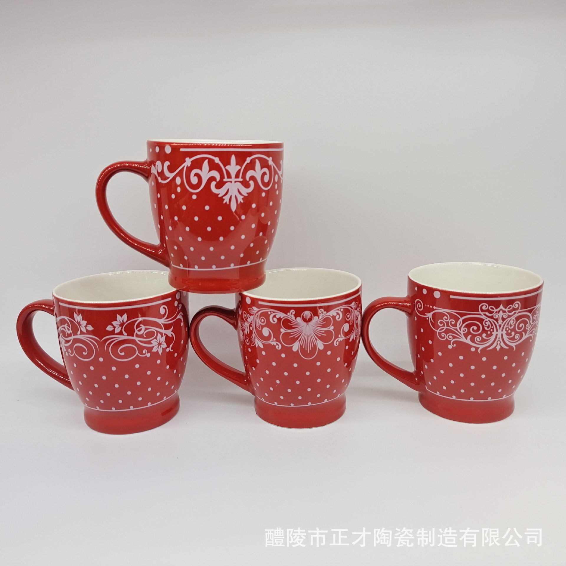 Wholesale of red ceramic mugs and white lace ceramic cups in stock. Factory direct sales Application Scenario