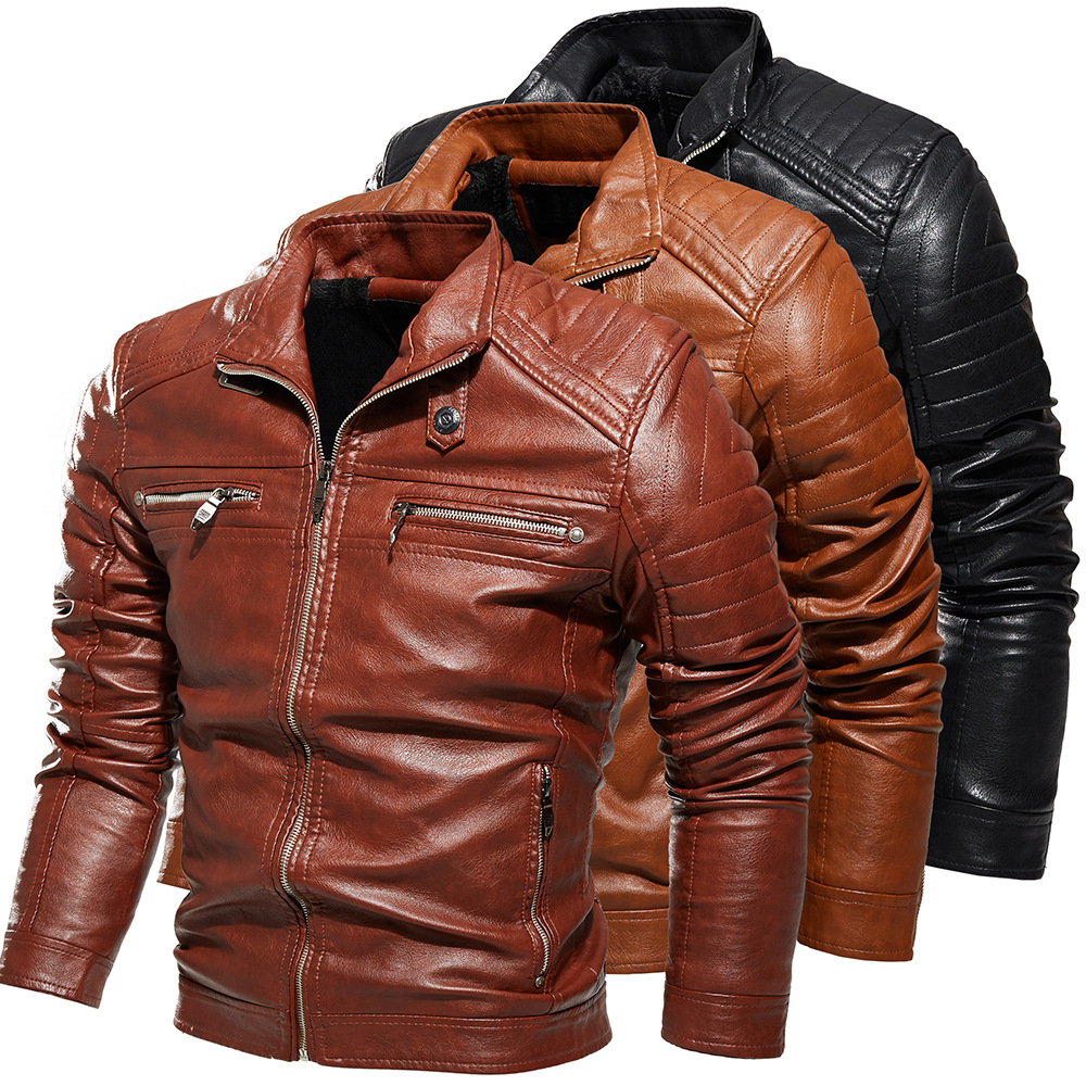 Men's jacket, leather jacket, pu motorcycle jacket, solid color, slim fit, cross-border exclusive, fleece leather jacket for men