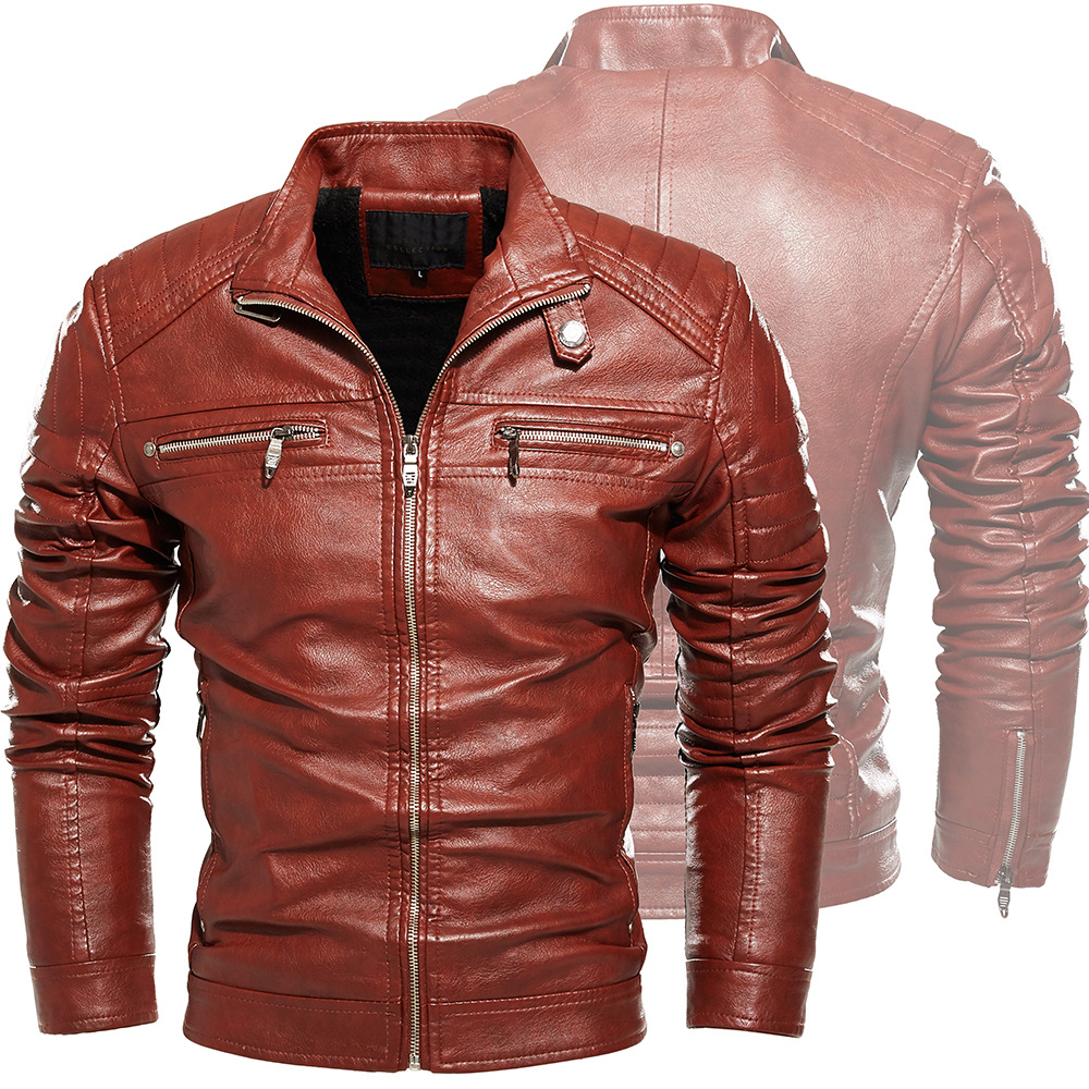 Men's jacket, leather jacket, pu motorcycle jacket, solid color, slim fit, cross-border exclusive, fleece leather jacket for men Item Picture