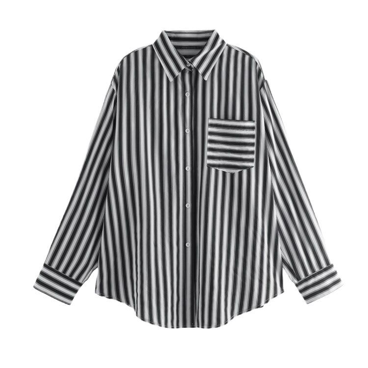 A new design of a trendy striped shirt for women, a loose Hong Kong-style shirt as a base layer Item Picture