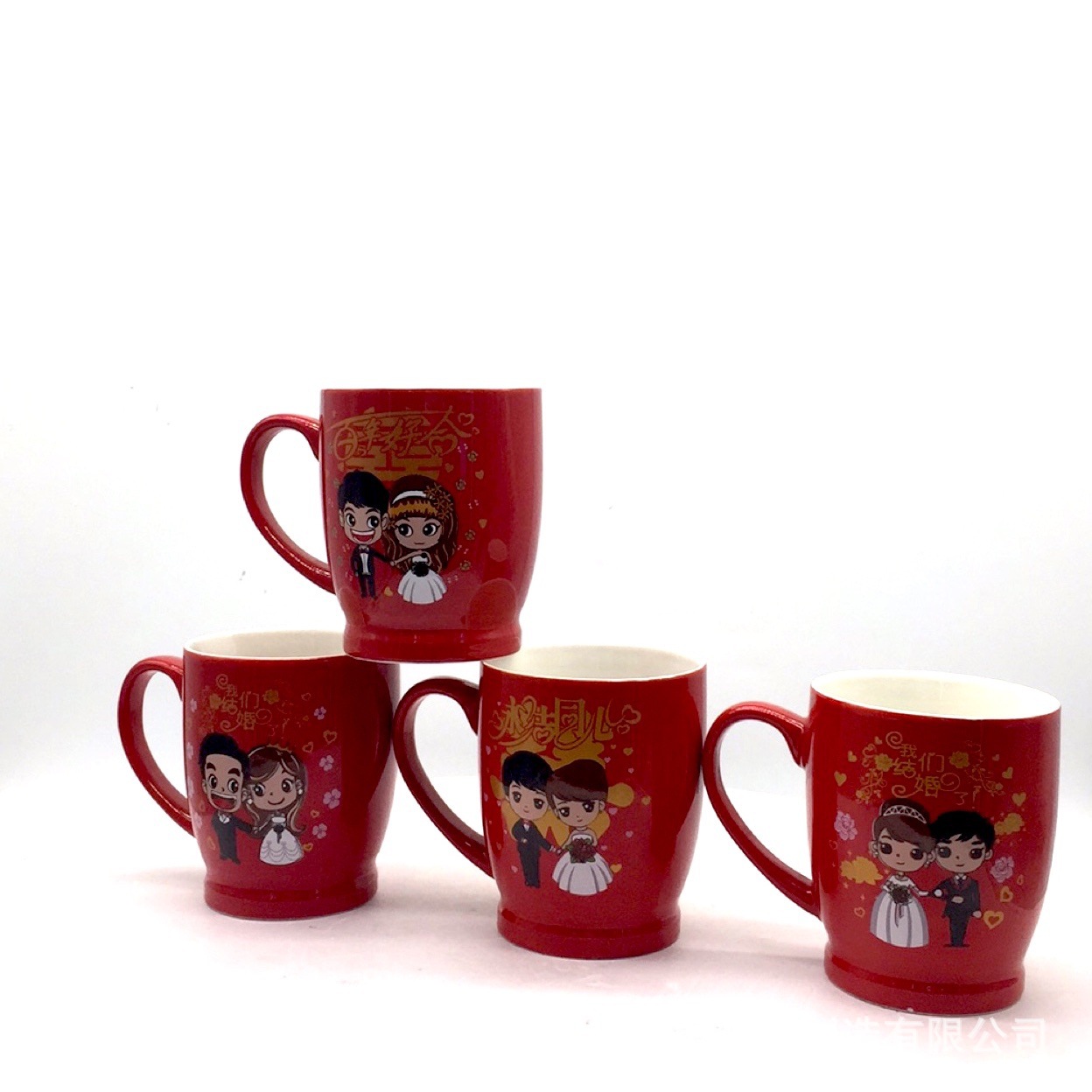 Factory wholesale mugs, couple cups, wedding cup sets, red festive wedding cartoon ceramic cups, mouthwash cups details Picture