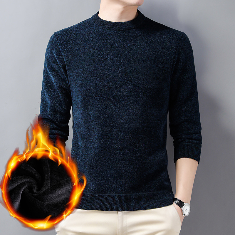 Men's winter fleece and thick round neck sweater Men's solid color Chenille warm knit long sleeve T-shirt Men's bottom shirt